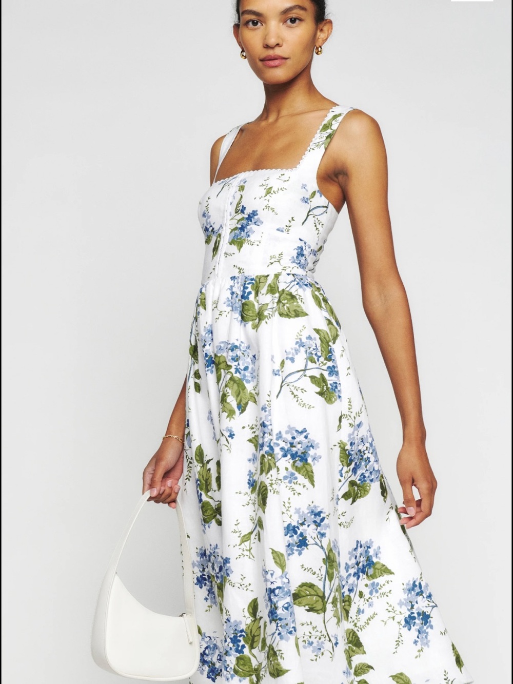 Reformation Strapless Floral Midi Dress in White, Blue, and Green